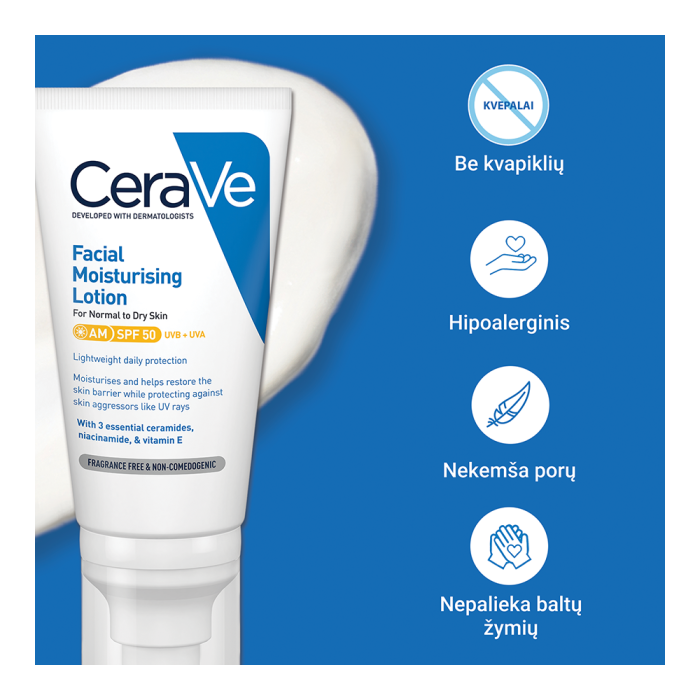 CERAVE drėkinamasis veido losjonas su SPF50 apsauga nuo saulės, 52